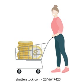 Girl with a grocery cart in which a stack of gold coins with a dollar sign, flat vector, isolate on white