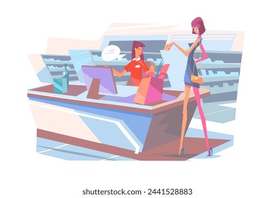 Girl Grocery Checkout, vector illustration. Cash register, background store shelves.