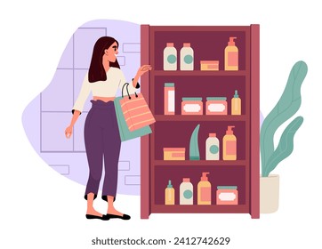 Girl in grocery store concept. Woman with basket choose cosmetics and cleaning detergents. Customer inside market or shop. Character buys goods for home. Cartoon flat vector illustration