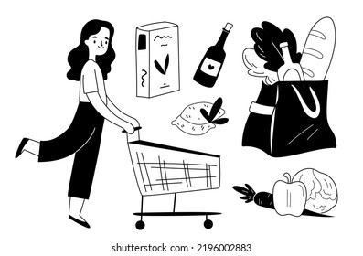 Girl at grocery store doodle set. Shopping for food .