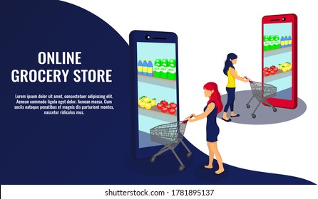 Girl with a grocery trolley entering the phone for groceries. Grocery store, supermarket, food delivery, online shopping concept. Vector illustration. 