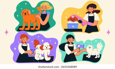 Girl grooming dog set. Smiling groomer cuts, dries, wash puppys hair. Pet grooming salon. Professional groomer. Doodle style isolated vector illustration.