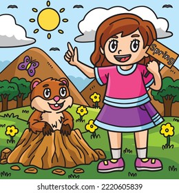 Girl and Groundhog Colored Cartoon Illustration