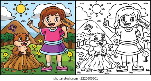 Girl and Groundhog Coloring Page Illustration