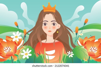 A girl in a group of flowers for women's day, vector illustration