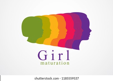 Girl growing to adult age years concept illustration, from child to teen and woman, period and cycle of life, getting old, maturation and aging. Vector simple classic icon or logo design.