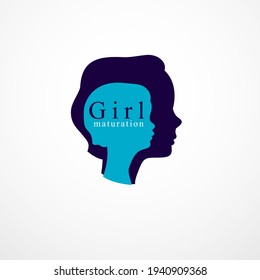 Girl Growing To Adult Age Years Concept Illustration, From Child To Teen And Woman, Period And Cycle Of Life, Getting Old, Maturation And Aging. Vector Simple Classic Icon Or Logo Design.