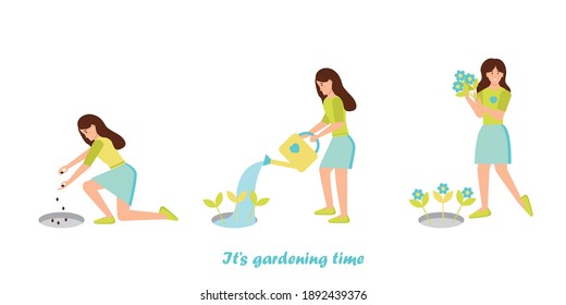 Girl growing flowers. Planting seeds, watering, enjoying flowers. Spring and summer gardening  set