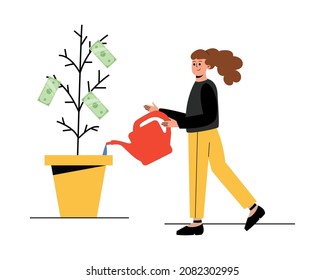 The girl grows a coin tree. A woman waters a money tree. A girl with a watering can in her hands.