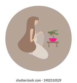 The girl grows a miniature tree. Bonsai. Highlights. Vector illustration in a restrained range, pastel colors.