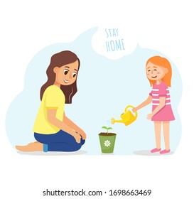 Girl grows a potted plant with her mother. Watering the first sprout. Play with kids in quarantine. Stay at home. Vector illustration