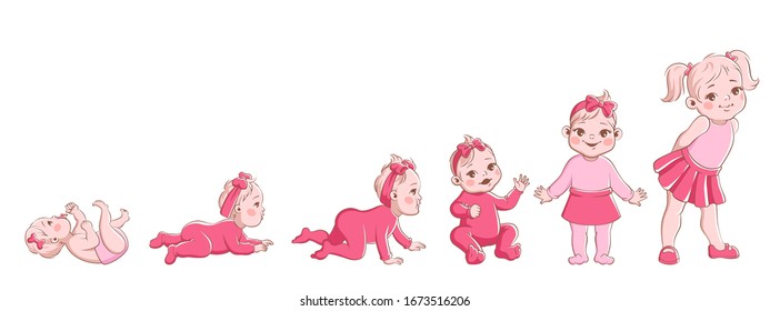 Girl growth process. Life cycle from newborn to preschool, stage development woman baby, child and healthy toddler crawling female vector cartoon character