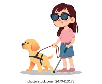 girl with a guide dog walking. Person who is visually impaired or blind crossing a street crosswalk with a cane and seeing-eye labrador. Inclusive city space. Isolated flat vector illustration.