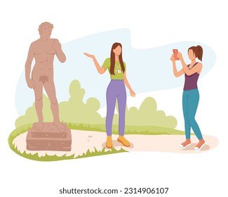 Der Girl Guide zeigt beliebte Sehenswürdigkeiten für Touristen. Der weibliche Charakter nimmt ein Foto von antiker Statue, ein Foto zum Gedenken. Besuche Sehenswürdigkeiten. Voyage Impressions