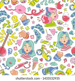 Girl, guitar, coffee cups, sweets and fish. Doodles. Seamless vector pattern (background). Cartoon print.