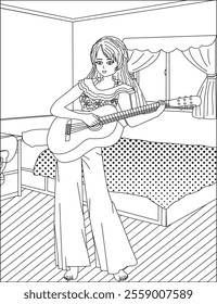 Girl with guitar coloring page vector