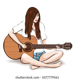 Girl with guitar hand drawing, vector illustration. Painted brunette young woman with long hair in white shirt and denim shorts barefoot play guitar sitting in lotus pose, isolated on white background