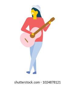 Girl guitar music concert, flat vector icon 