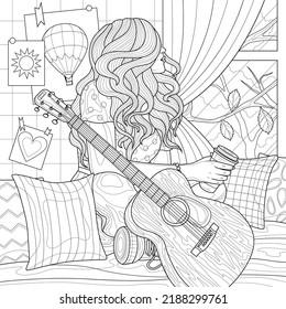 A girl with a guitar on the bed looks out the window.Coloring book antistress for children and adults. Illustration isolated on white background.Zen-tangle style. Hand draw