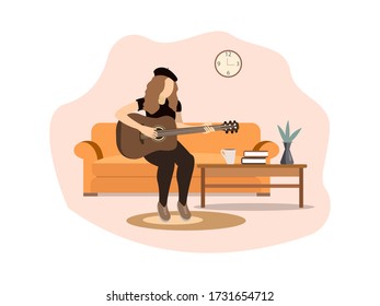Girl with a guitar on the couch. Flat illustration