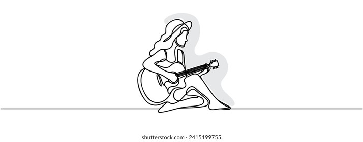 girl with guitar one continuous line drawing.