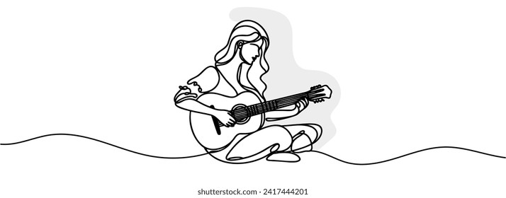 girl with guitar one continuous line drawing.