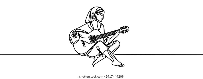 chica con guitarra con un dibujo de línea continua.