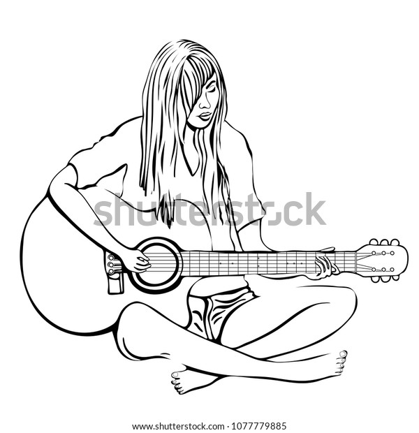 Girl Guitar Outline Hand Drawing Coloring Stock Vector