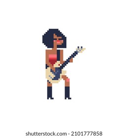 Girl with a guitar pixel art character. Guitarist, musician. Beautiful musician playing guitar. Rock star. Isolated vector illustration. 