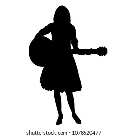 Girl guitar player silhouette, contour drawing, outline black and white portrait, vector illustration. Woman in lush skirt with a guitar in his hand standing full-length, isolated on white background
