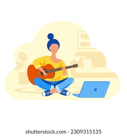A girl with a guitar sits in a room on the floor in front of a laptop. Online music education. Vector stock illustration.