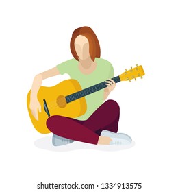 Girl with guitar. Sitting girl plays guitar. Vector illustration. Part of set.
