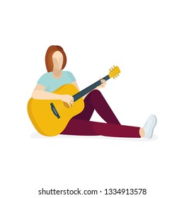 Girl with guitar. Sitting girl plays guitar. Vector illustration. Part of set.