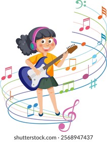 Girl with guitar surrounded by colorful music notes