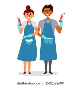 The girl and the guy with aprons carry out cleaning, cleaning with detergents. Cleaning staff. Vector