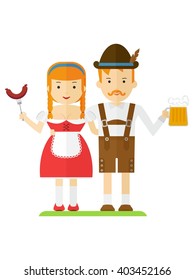 The girl and the guy in the Bavarian national costumes. Couple in the mountains on a picnic with beer and sausages. The character for Oktoberfest. Cartoon flat vector Illustration.Objects isolated. 