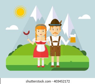 The girl and the guy in the Bavarian national costumes. Couple in the mountains on a picnic with beer and sausages. The character for Oktoberfest. Cartoon flat vector illustration. 