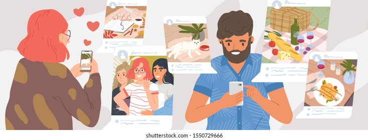 Girl And Guy Browse Social Networks. Man And Woman Making Post And Sharing Happy Moments With Their Followers. Social Media Influence And Addiction. Vector Illustration In Flat Cartoon Style.