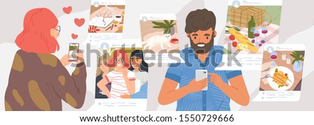 Girl and guy browse social networks. Man and woman making post and sharing happy moments with their followers. Social media influence and addiction. Vector illustration in flat cartoon style.