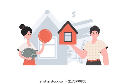 Girl and guy buys a house. Real estate purchase concept. People are depicted to the waist. Trend vector illustration.