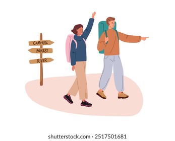 Girl and guy in casual clothes with backpacks saw their friends, cheerfully saying hello. Young People walking on hike, camping. Flat cartoon vector isolated illustration on white background.