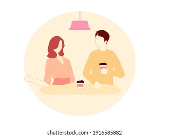 Girl and guy chat and drink coffee in cafes, vector graphics