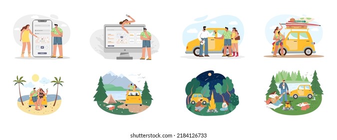 A girl and a guy choose a car online, rent a car, get the keys from the dealer. They rest in the forest, in the mountains, on the seashore. Set of illustrations. Flat vector 