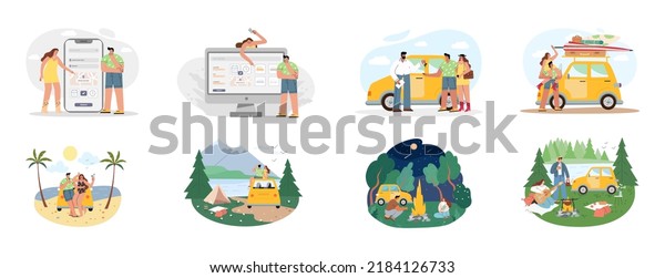 A girl and a\
guy choose a car online, rent a car, get the keys from the dealer.\
They rest in the forest, in the mountains, on the seashore. Set of\
illustrations. Flat vector 