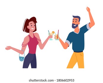 Girl and guy with cocktails dancing at party and drinking, vector flat isolated. Happy girl and man dancing and drinking cocktails at birthday or holiday and club party, friends lifestyle and fun