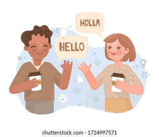 Das Mädchen und der Typ kommunizieren in einer angenehmen Umgebung, trinken Kaffee. Reden Blase, grüßen auf Spanisch und Englisch. Kommunikation, Übersetzer, Sprachenlernen. Handgezeichnete Zeichen, Vektor