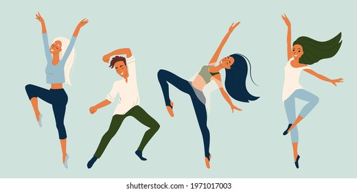 Girl and guy dancers in different poses, set of vector characters in flat style, collection of modern dancers.