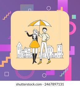 Girl and guy dating in rain. Walking couple holding umbrella, parasol flat vector illustration. Weather, protection, climate concept for banner, website design or landing web page