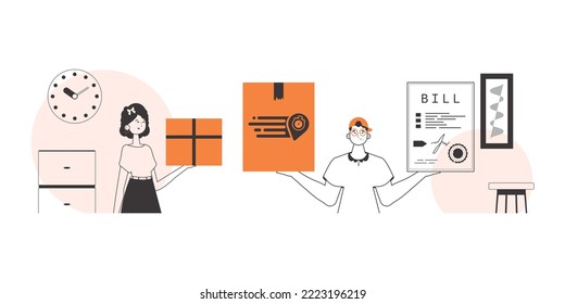 Girl and guy delivers cargo and parcels. Line art style.