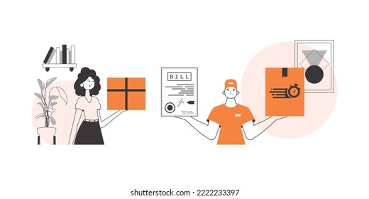 The girl and the guy delivers parcels and cargo. Linear style.